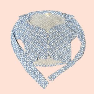 blue and white ribbed floral checkered collared button up top
